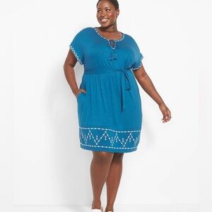 Lane Bryant New w Tag Blue Tassel Notch-Neck Embroidered Dress Sz 18/20
